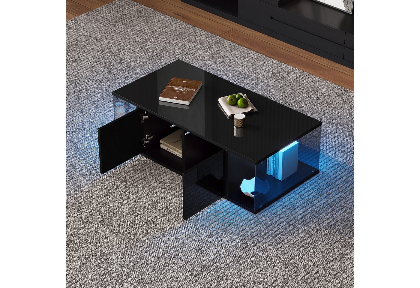 STILVORA Couchtisch mit LED-Licht,Sofatisch Kaffeetisch mit 2 Schränke&gehärtetes Glas (Satztisch, Beistelltisch, 1-St., Hartglas-Design), mit LED, 100*50*30cm von STILVORA