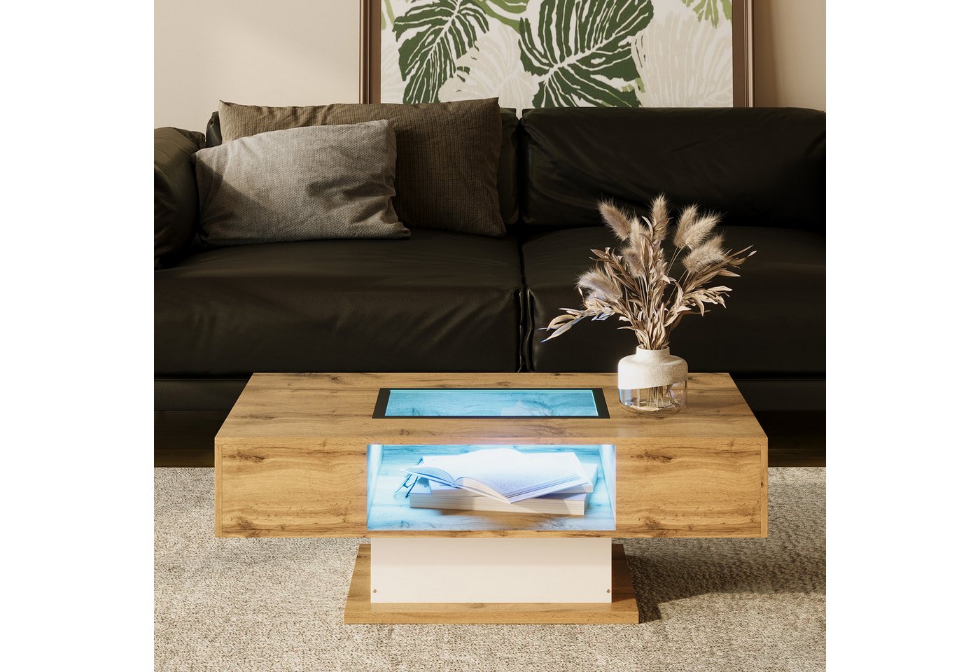 STILVORA Couchtisch mit LED-Licht,Sofatisch Wohnzimmertisch mit Glasplatte&Schubladen (Beistelltisch mit Glas, 1-St., 2 Schubladen, 1 offene Aufbewahrung mit Glasplatte), mit farbwechselndem LED-Licht von STILVORA