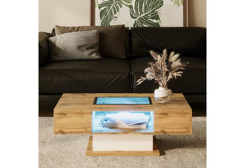STILVORA Couchtisch mit LED-Licht,Sofatisch Wohnzimmertisch mit Glasplatte&Schubladen (Beistelltisch mit Glas, 1-St., 2 Schubladen, 1 offene Aufbewahrung mit Glasplatte), mit farbwechselndem LED-Licht von STILVORA