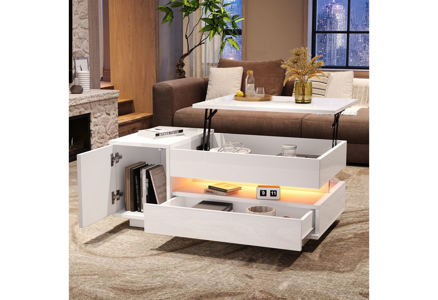 STILVORA Couchtisch mit LED-Licht,anhebbarer Sofatisch Kaffeetisch mit Schublade&Schrank (Wohnzimmertisch, Beistelltisch, 1-St., mit 1 Schublade,1 Schrank), mit verstecktem, halboffenem Stauraum von STILVORA