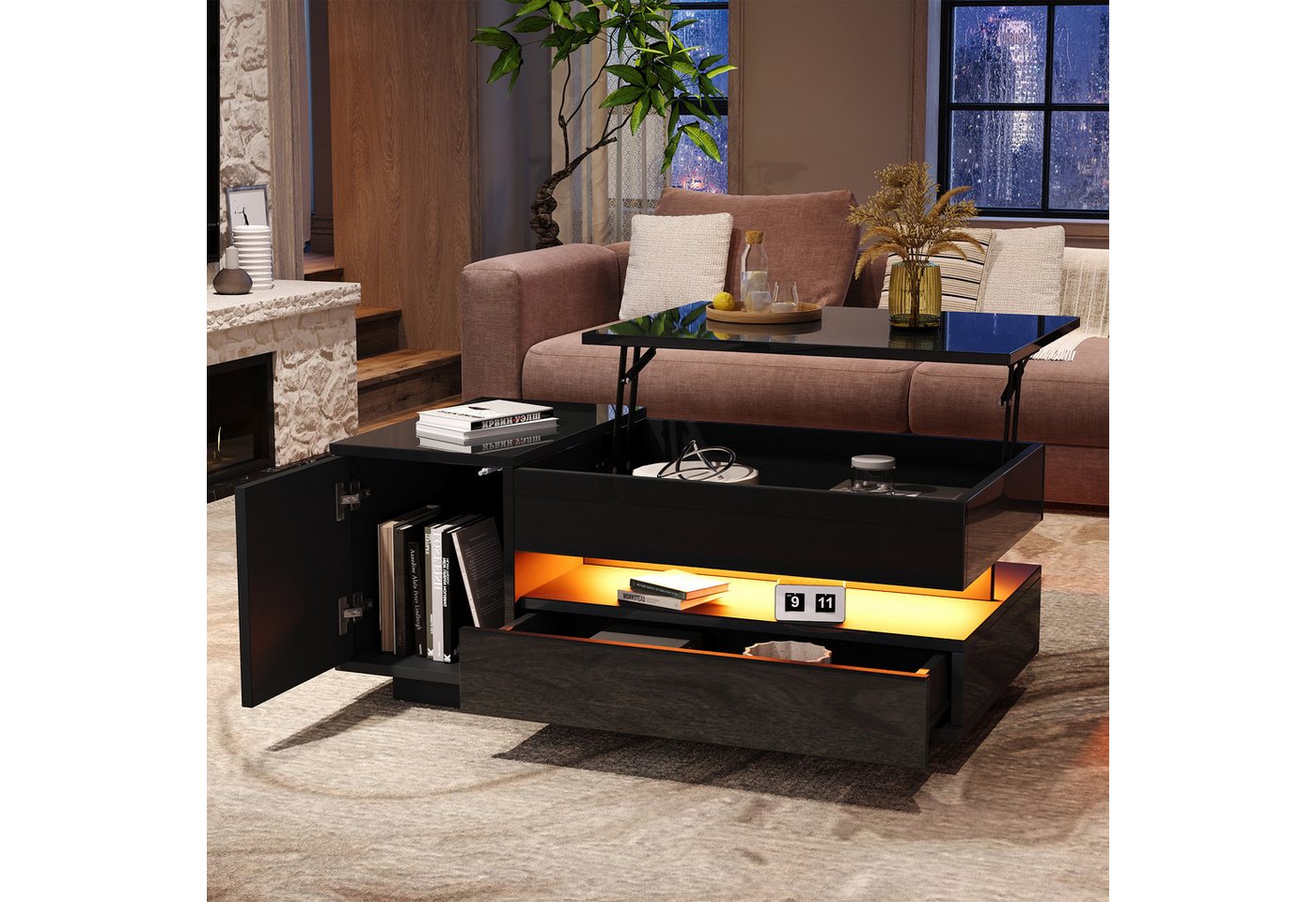 STILVORA Couchtisch mit LED-Licht,anhebbarer Sofatisch Kaffeetisch mit Schublade&Schrank (Wohnzimmertisch, Beistelltisch, 1-St., mit 1 Schublade,1 Schrank), mit verstecktem, halboffenem Stauraum von STILVORA