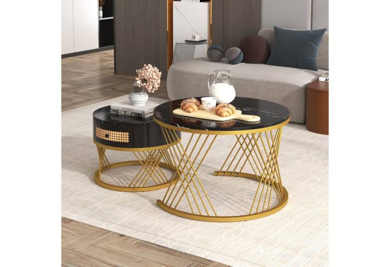 STILVORA Couchtisch mit Schublade,2-in-1 Wohnzimmertisch Sofatisch rund mit Marmor-platte (2 in 1 Runder Couchtisch aus MDF, 2-St., Beistelltisch mit Schubladen aus Kunststoff-Rattan), 70*70*45,5+50*50*38,5cm von STILVORA