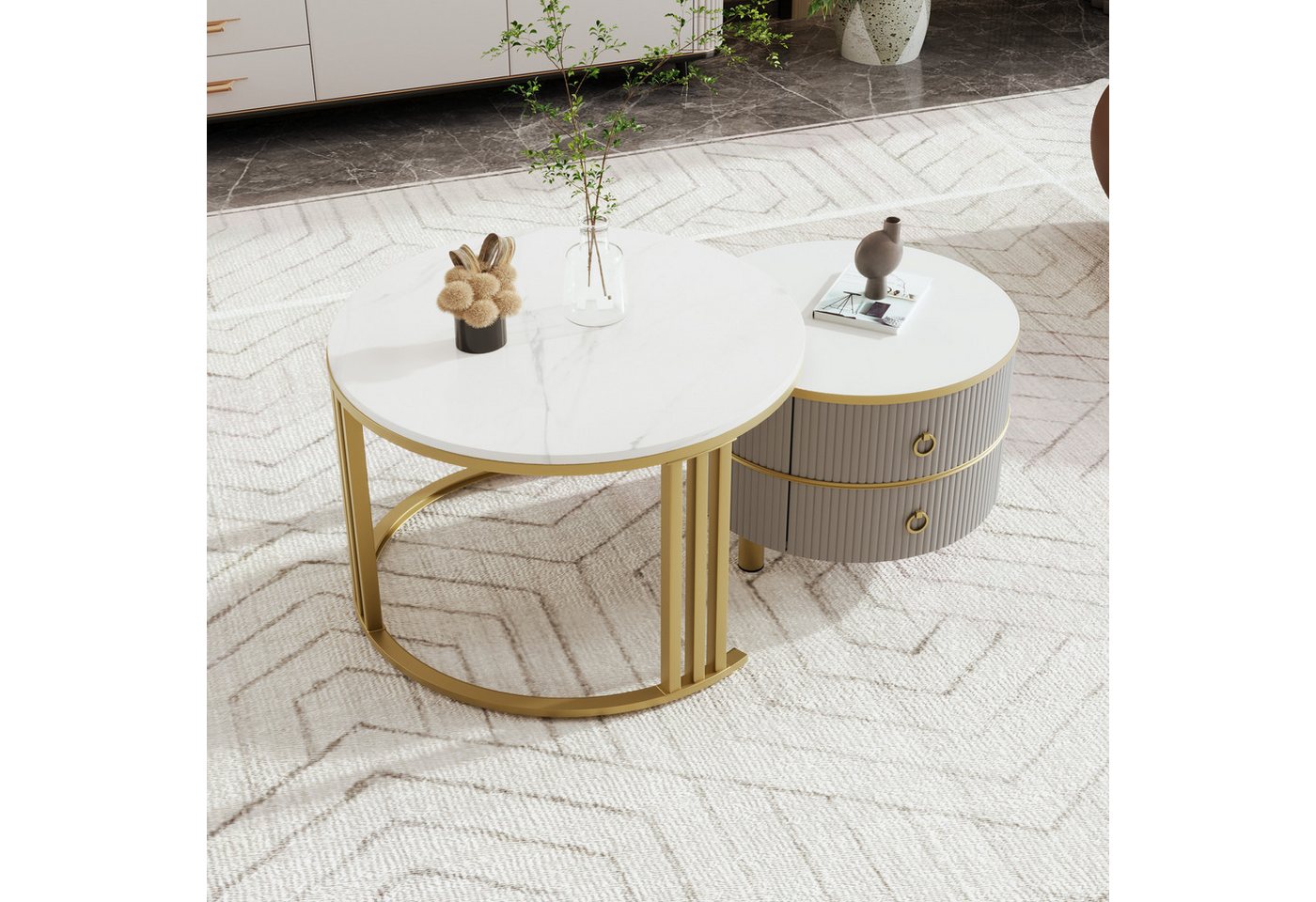 STILVORA Couchtisch mit Schublade,2-in-1 runder Wohnzimmertisch Sofatisch mit Marmorplatte (Beistelltisch mit glänzender Platte und 1 weißer Marmorplatte, 2-St), 70*70*45+50*50*40 cm von STILVORA