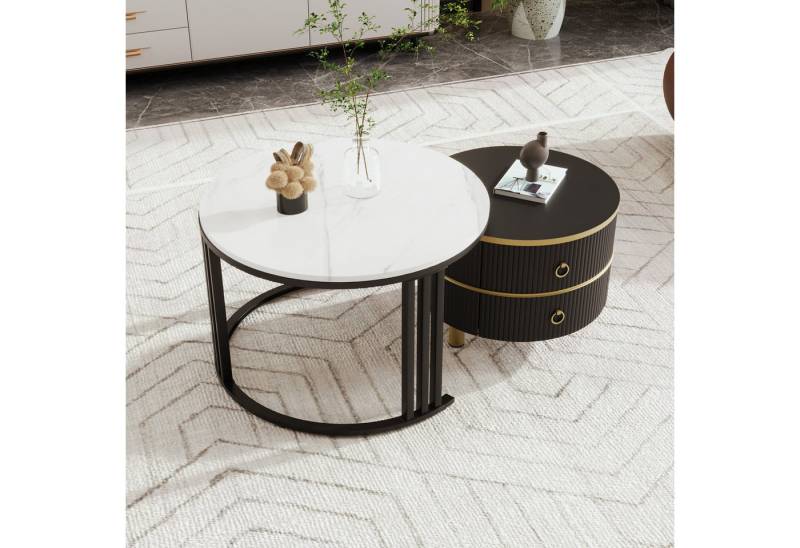 STILVORA Couchtisch mit Schublade,2-in-1 runder Wohnzimmertisch Sofatisch mit Marmorplatte (Beistelltisch mit glänzender Platte und 1 weißer Marmorplatte, 2-St., Couchtisch Mit 2 Schubladen), 70*70*45+50*50*40 cm von STILVORA