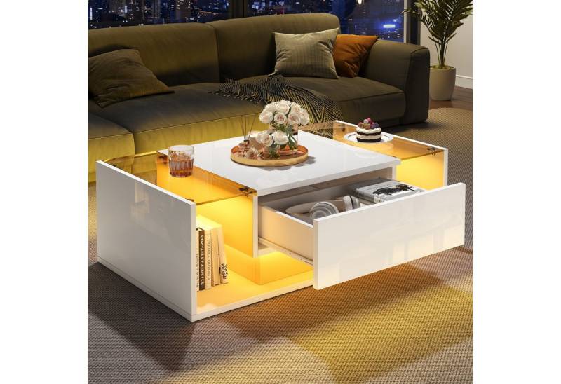 STILVORA Couchtisch mit Schublade,Wohnzimmertisch Sofatisch mit LED-Lichtleiste&Glasplatte (Satztisch, Beistelltisch, Sofatisch, 1-St., mit 1 Schublade und LED-Lichtleiste), Hochglanz-Sofatisch von STILVORA