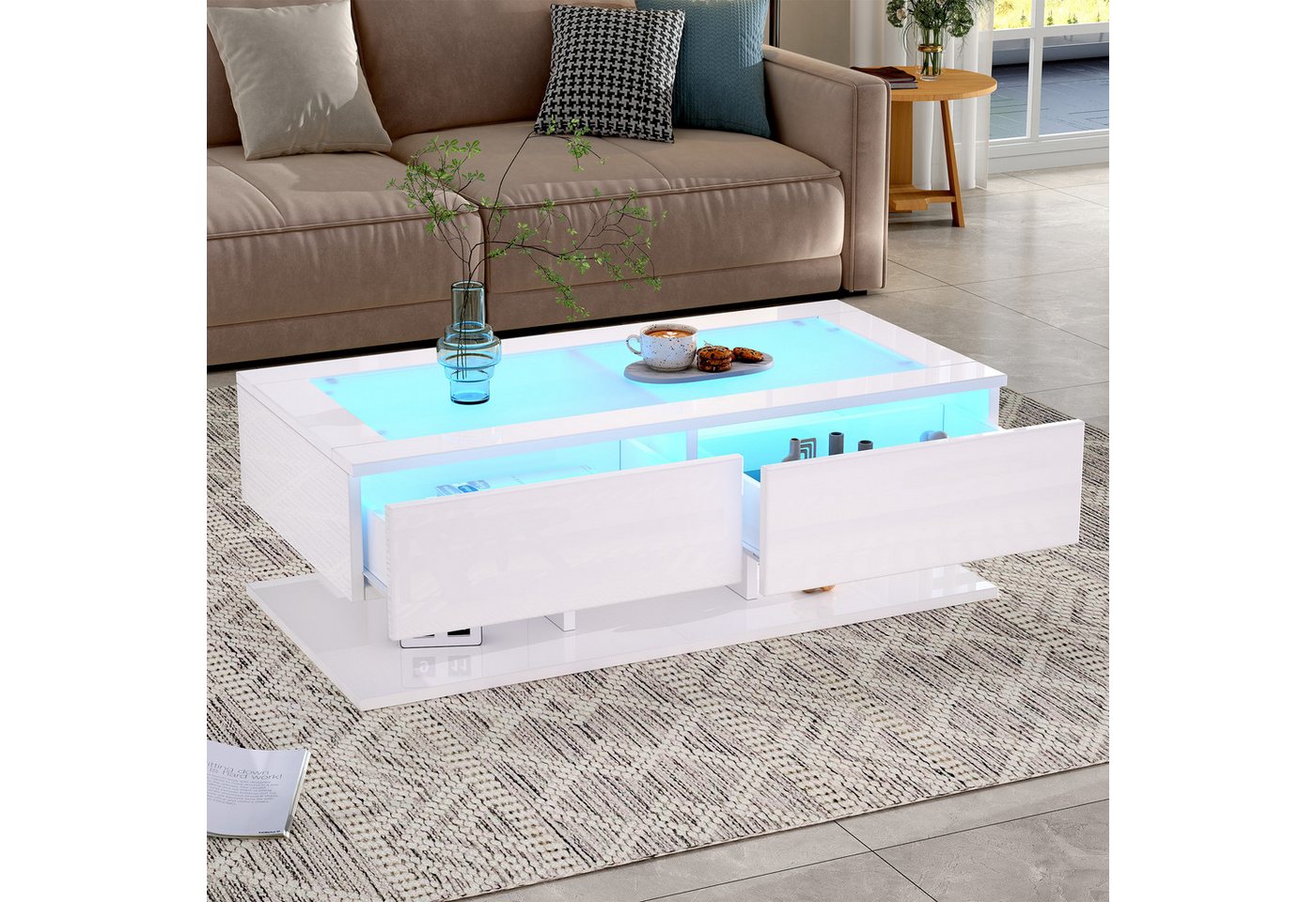 STILVORA Couchtisch mit Schubladen,Wohnzimmertisch Sofatisch mit LED-Licht&Glasplatte (Wohnzimmertisch, Satztisch, 1-St., 2 Schubladen, 100*50*35cm), mit LED-Licht von STILVORA
