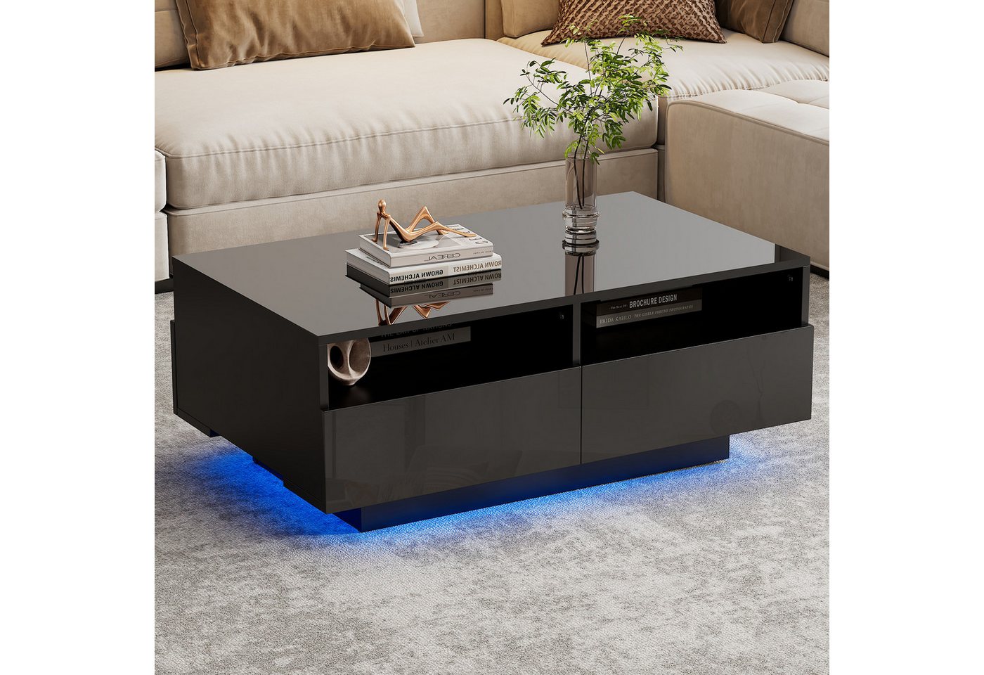 STILVORA Couchtisch mit Schubladen&USB,Wohnzimmertisch Sofatisch mit LED-Licht&Ablagefach (1-St), mit 4 Schubladen,16 Farben LED Lichter,USB,90*55*35cm von STILVORA