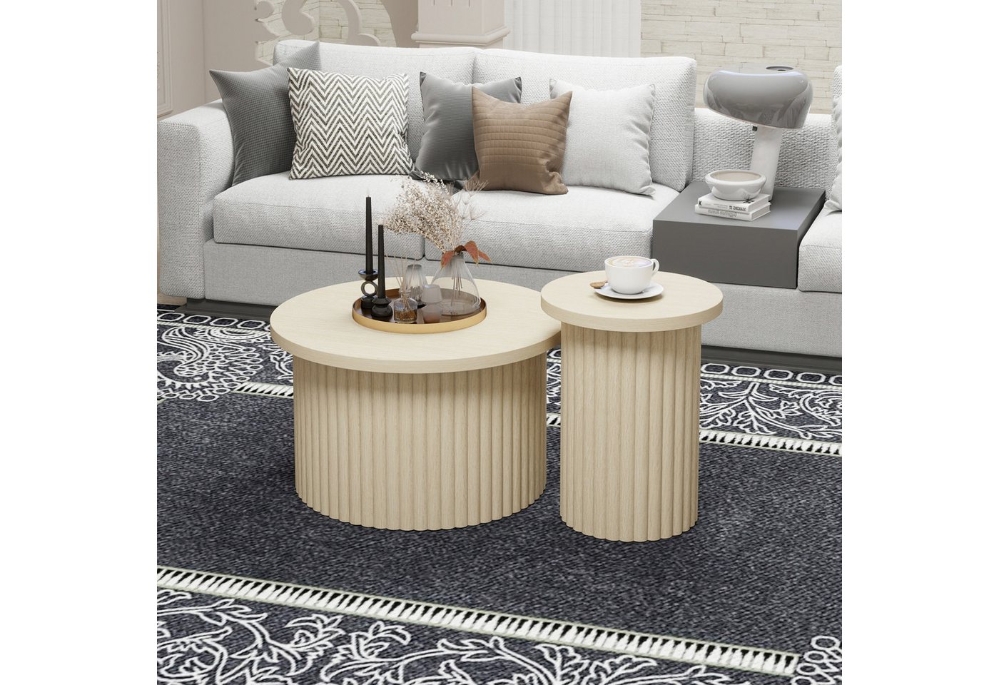 STILVORA Couchtisch rund 2er-set Wohnezimmertisch Sofatisch mit Holzoptik (Runder Beistelltisch im 2er-Set – Naturholzoptik mit Wellenstruktur, 2-St., Kratzfest & Stabil) von STILVORA