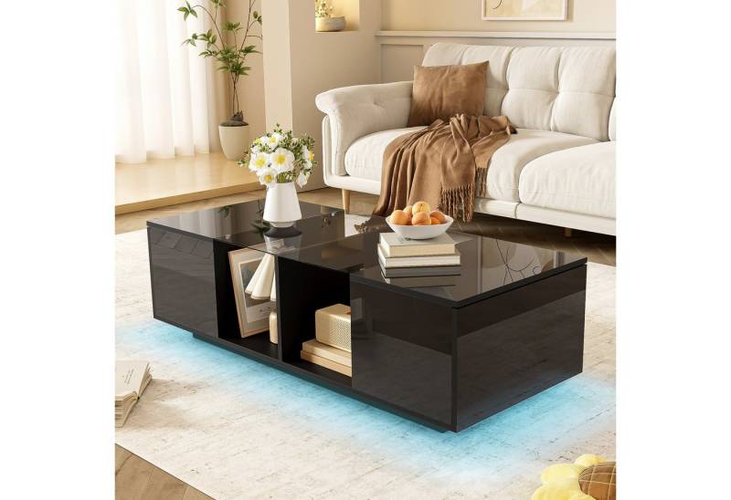 STILVORA Couchtisch schwarz,120x50cm Wohnzimmertisch mit LED-Beleuchtung,Hochglanzplatte (Satztisch, Wohnzimmertisch Beistelltisch, 1-St., mit LED-Beleuchtung, 2 offene Fächer, 2 Türen), Hochglanz-Tischplatte, Mattoberflächen und Glasplatte von STILVORA