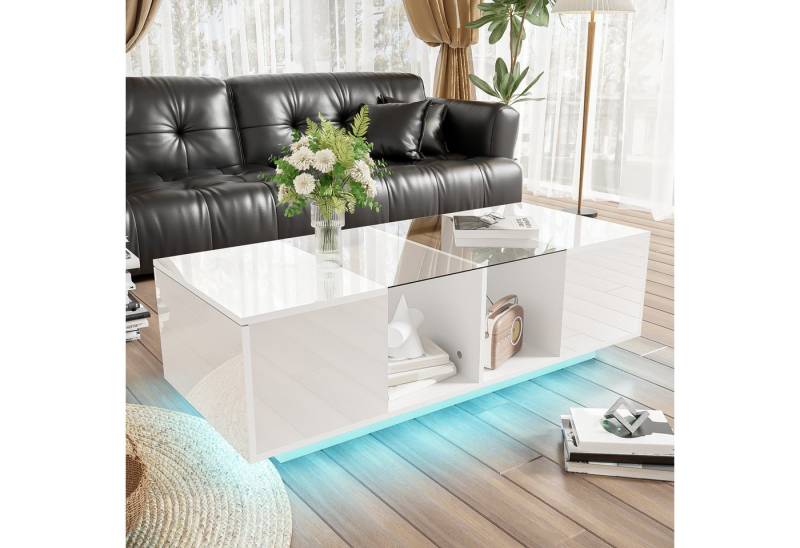 STILVORA Couchtisch weiß,120x50cm Wohnzimmertisch mit LED-Beleuchtung,Hochglanzplatte (Satztisch, Wohnzimmertisch Beistelltisch, 1-St., mit LED-Beleuchtung, 2 offene Fächer, 2 Türen), Hochglanz-Tischplatte, Mattoberflächen und Glasplatte von STILVORA