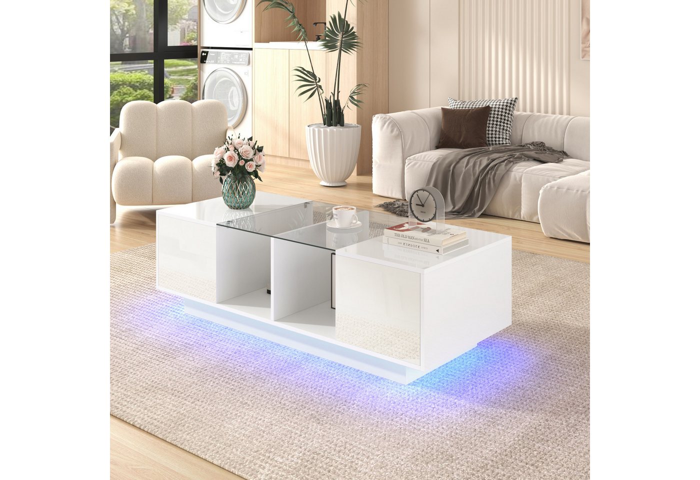 STILVORA Couchtisch weiß,120x50cm Wohnzimmertisch mit LED-Beleuchtung,Hochglanzplatte (Satztisch, Wohnzimmertisch Beistelltisch, 1-St., mit LED-Beleuchtung, 2 offene Fächer, 2 Türen), Hochglanz-Tischplatte, Mattoberflächen und Glasplatte von STILVORA