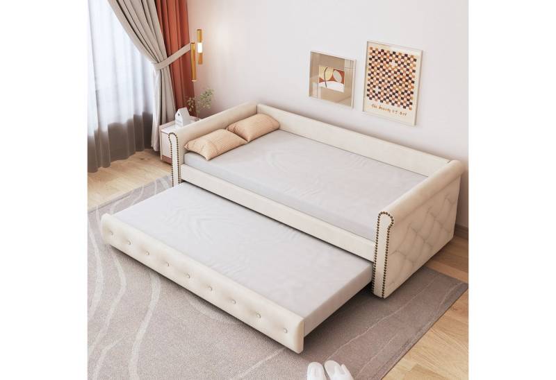 STILVORA Daybett 90×200 Polsterbett Schlafsofa mit Ausziehbett,Kinderbett ohne matratze (Ausziehbares Schlafsofa Grau Strapazierfähiger Leinenstoff), mit Matratze von STILVORA