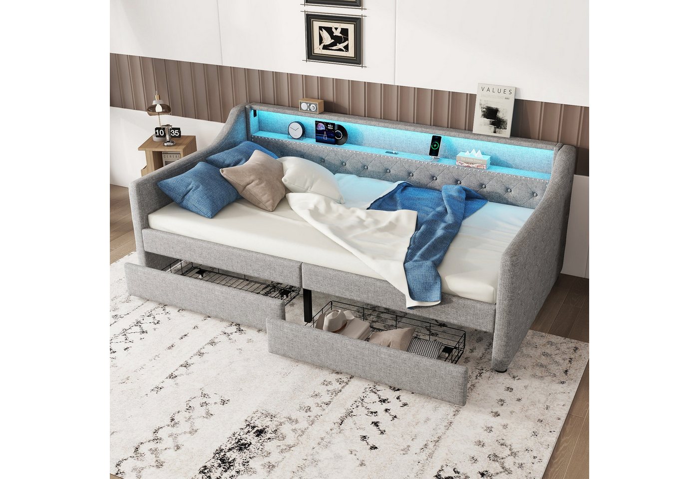 STILVORA Daybett 90x200 mit Stauraum,Schlafsofa mit bettkasten und USB,ohne matratze (Daybett,mit USB-Ladebuchse, Lattenrost, LED Ambientelicht, 2 Schubladen), Daybett von STILVORA