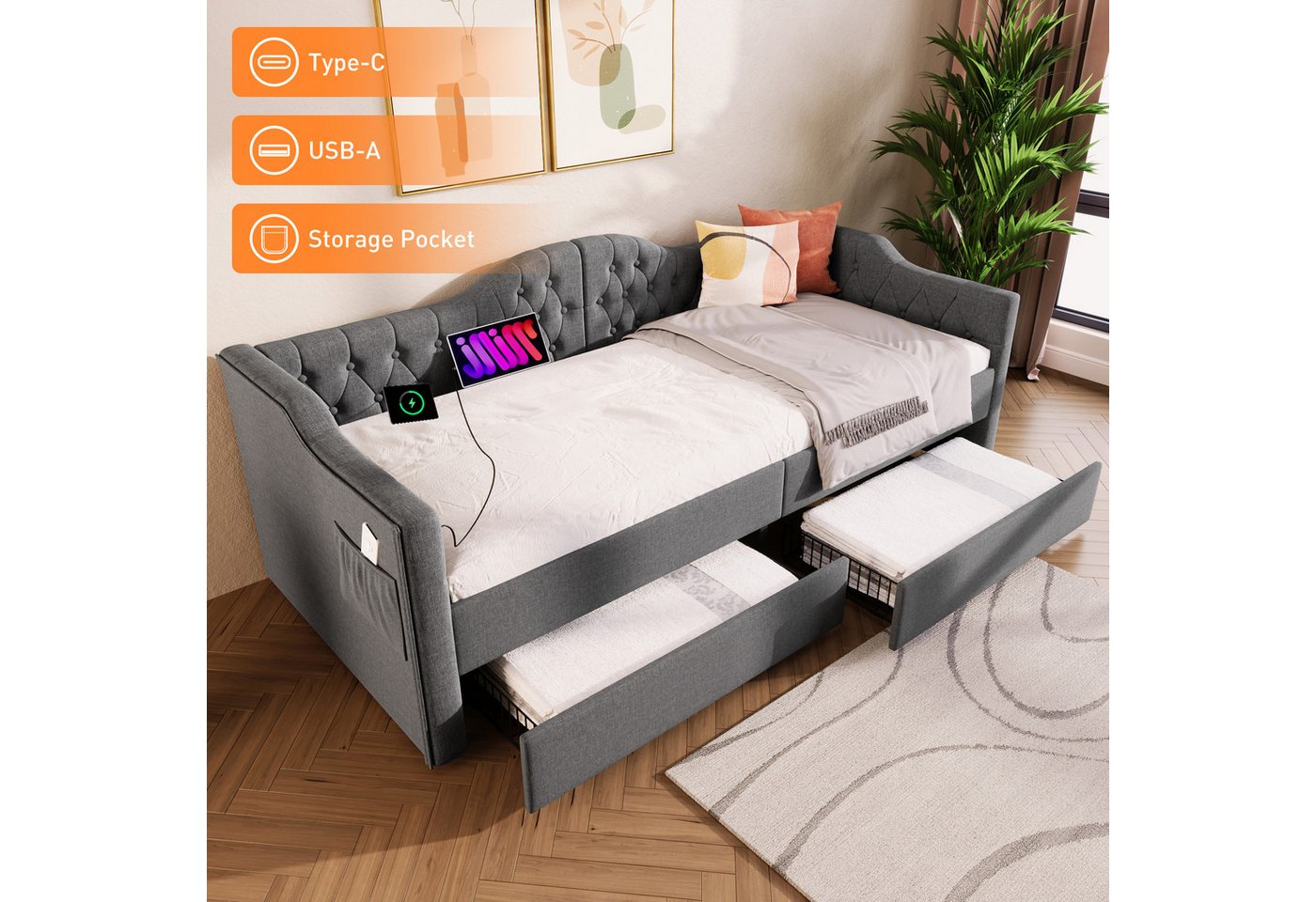 STILVORA Daybett Schlafsofa 90x200 Tagesbett mit Stauraum Jugendbett mit Lattenrost (90x200cm), mit USB Type C Ladefunktion und 2 Schubladen von STILVORA