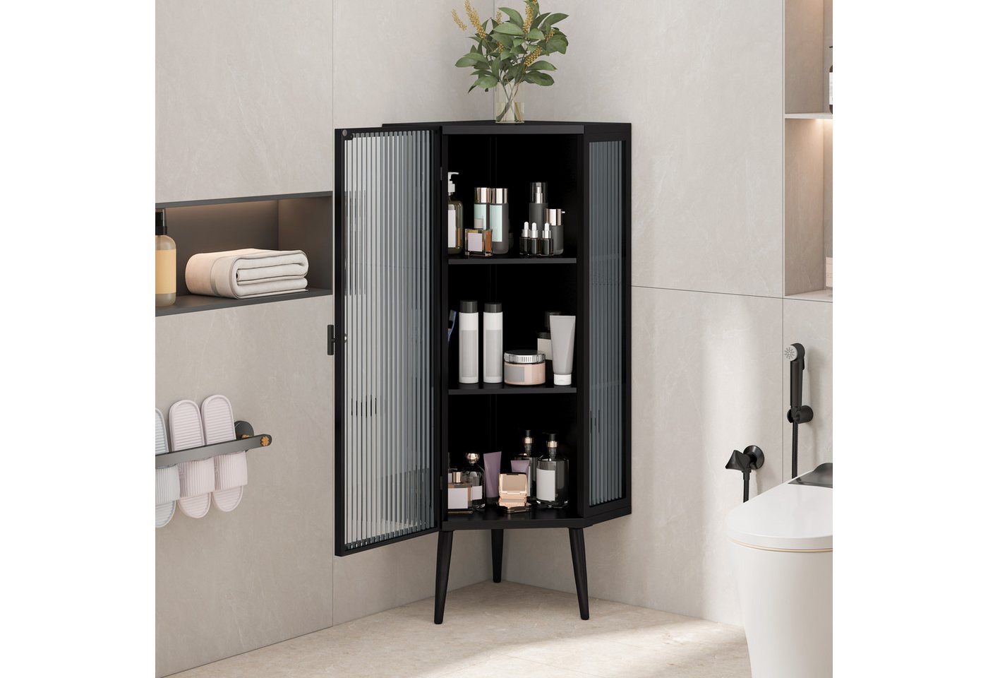 STILVORA Eckschrank mit Glastür,Eckschrank Badezimmerschrank mit Ablageflächen,Schwarz (mit 3 Etagen und Glas-Türen, Robuster Aufbewahrungsschrank, 56CM) von STILVORA