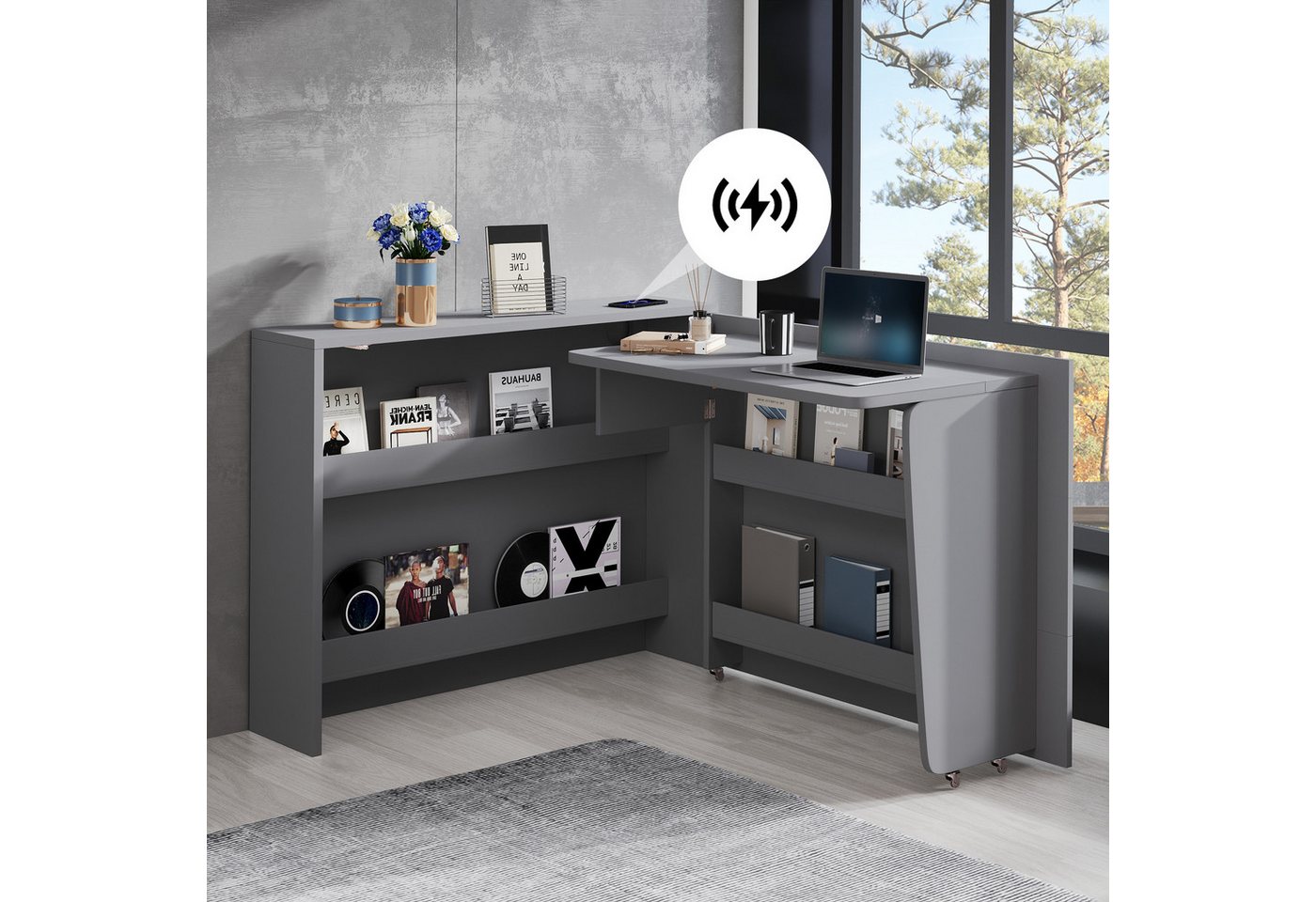 STILVORA Eckschreibtisch mit Schreibtisch Klappbar,Sideboard Wohnzimmerschrank mit Rollen (Faltbarer Computertisch, Bremse-Schreibtisch, 1-St., 115×27×93 cm + 95×51 cm Tischfläche), mit Rollen, Kabelloses Ladegerät, Anti-Kipp-Sicherung von STILVORA