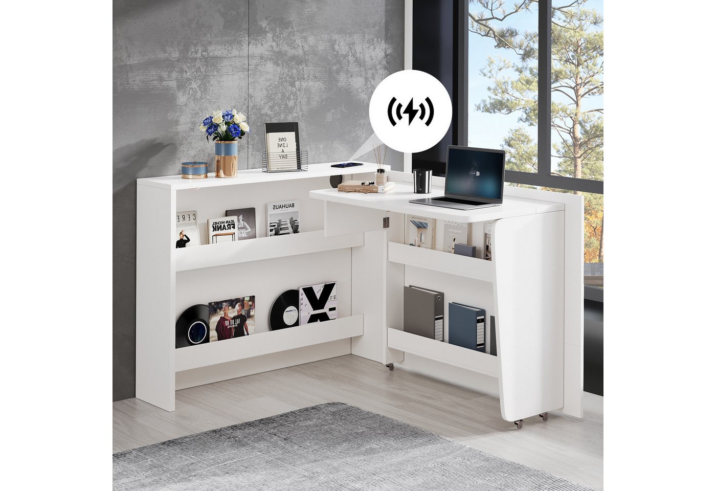 STILVORA Eckschreibtisch mit Schreibtisch Klappbar,Sideboard Wohnzimmerschrank mit Steckdose (Faltbarer Computertisch, Bremse-Schreibtisch, 1-St., 115×27×93 cm + 95×51 cm Tischfläche), mit Rollen, Kabelloses Ladegerät, Anti-Kipp-Sicherung von STILVORA