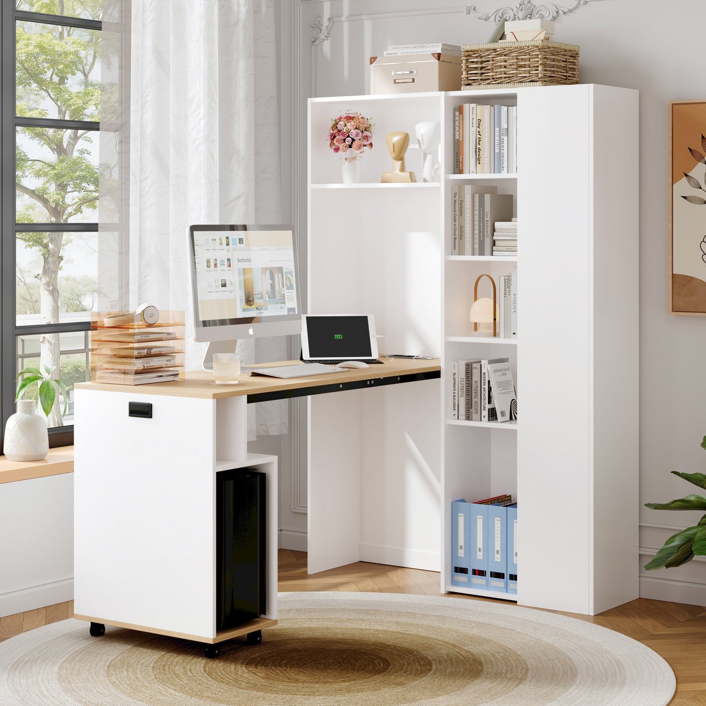 STILVORA Eckschreibtisch mit Schreibtisch Klappbar,Sideboard Wohnzimmerschrank mit Steckdose (klappbar Schreibtisch, Eck-Tisch, 1-St., höhenverstellbare Ablagen), mit Steckdose, USB-Anschluss und Kippschutz von STILVORA