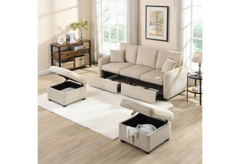 STILVORA Ecksofa mit Stauraum,3 sitzer-Ecksofa l-form in Cord,couch mit schlaffunktion, Wohnzimmersofa, Polstersofa, Inklusive Schubladen + Hocker mit Staufach von STILVORA