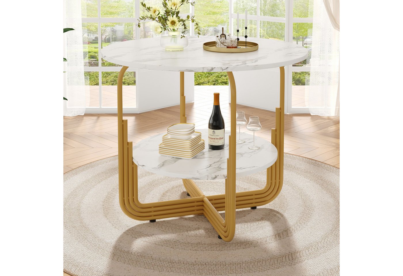 STILVORA Essgruppe Doppelstöckiger Küchentisch mit MDF-Marmor-Tischplatte,Beistelltisch, (Praktischer runder Esstisch 80×80×76 cm mit MDF-Marmorplatte, Stauraum & verstellbaren Füßen., 1-tlg., 80×80×76cm) von STILVORA