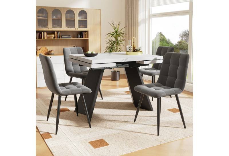STILVORA Esstisch 5-tlg Esstisch-Set mit 4 Esszimmerstühl und 160×80×75cm Esstisch (Esstisch Set 5-tlg mit Ausziehbarem Tisch für 4 Personen, Weiße MDF Tischplatte mit Marmoroptik, 4 Graue Samt-Esszimmerstühle, Perfekt für Esszimmer und Küche, 5-St., 99-159 cm) STILVORA Esstisch 5-tlg Esstisch-Set mit 4 Esszimmerstühl und 160×80×75cm Esstisch (Esstisch Set 5-tlg mit Ausziehbarem Tisch für 4 Personen, Weiße MDF Tischplatte mit Marmoroptik, 4 Graue Samt-Esszimmerstühle, Perfekt für Esszimmer und Küche, 5-St., 99-159 cm) von STILVORA