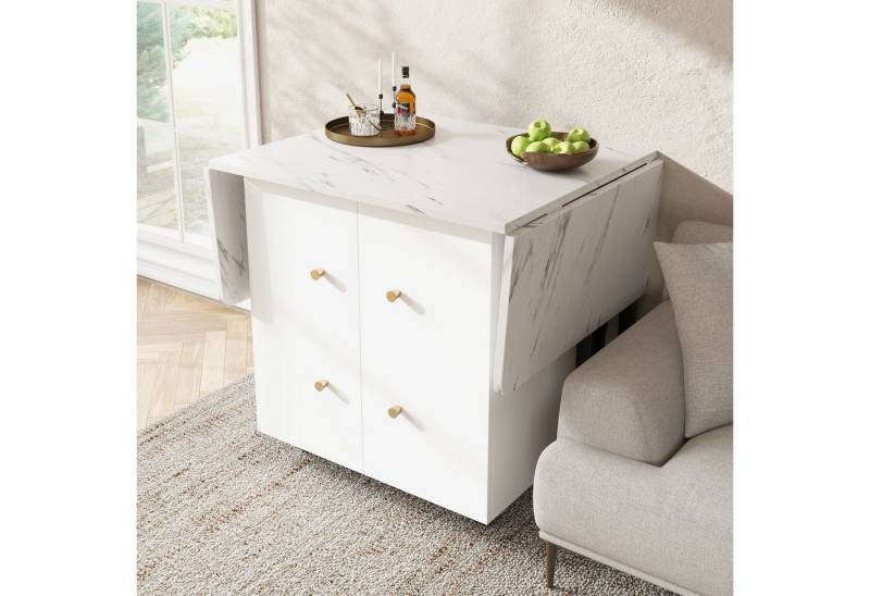 STILVORA Esstisch Küchentisch mit Stauraum,Buffetschrank mit verstellbare Trennwände (Tragbarer Esstisch mit klappbarer marmorierter Tischplatte, verstellbaren Trennwänden– Platzsparend mit Stauraum und 6 flexiblen Rollen., 80-140*75*76.3CM), mit klappbarer von STILVORA