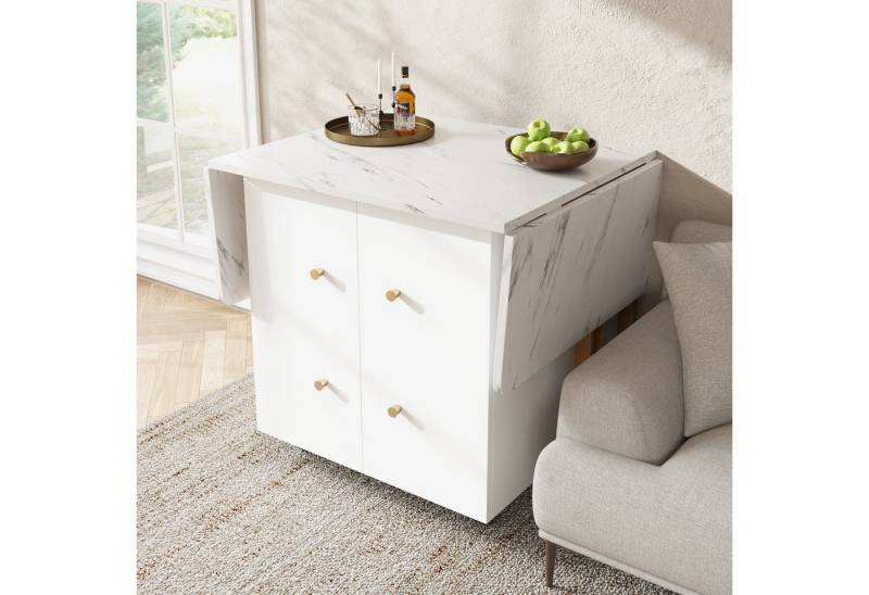 STILVORA Esstisch Küchentisch mit Stauraum,Buffetschrank mit verstellbare Trennwände (Tragbarer Esstisch mit klappbarer marmorierter Tischplatte, verstellbaren Trennwänden– Platzsparend mit Stauraum und 6 flexiblen Rollen., 80-140*75*76.3CM), mit klappbarer von STILVORA