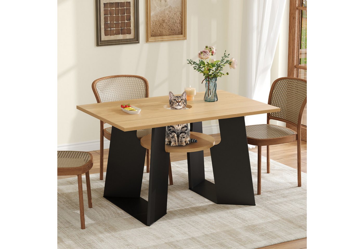 STILVORA Esstisch mit Haustierbereich,Küchentisch Beistelltisch rechteckig,Schwarz+Natur (Haustierfreundlicher Küchentisch, 1-St., 130×85×75 cm, für 6 Personen), mit Haustierbereich, Ablage Brettchen von STILVORA