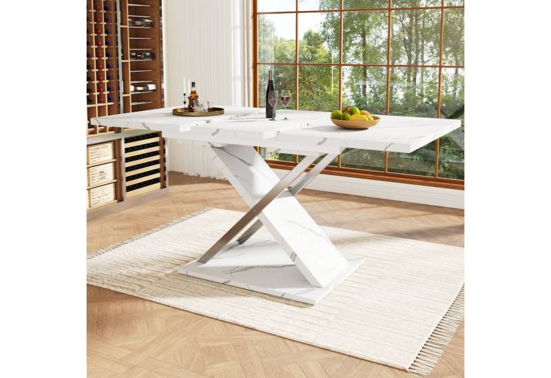 STILVORA Esstisch mit Kreuzbeinen,Ausziehtisch Küchentisch mit Marmormuster MDF-Platte (mit Marmormuster und Kreuzbeinen, Erweiterbar für bis zu 8 Personen, Robuste MDF-Oberfläche & Metallführungsschienen für stabile Nutzung, 118-157×75cm), Ausziehbarer Esstisch von STILVORA