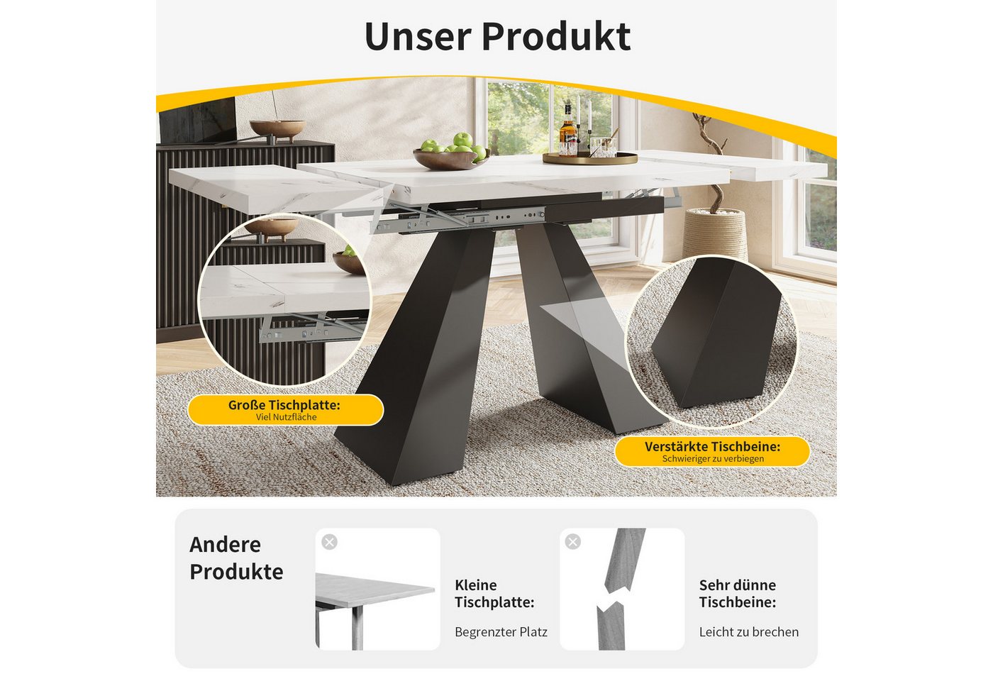 STILVORA Esstisch mit Säulenbeinen,Ausziehtisch Küchentisch mit Marmorierte MDF-Platte (Teleskoptisch Esstisch (99-159×74 cm), Ausziehbar mit Marmoroberfläche, Flexible Größe für Homeoffice & Wohnzimmer, Weißer MDF Tisch mit Carbonstahl-Beinen, Platzsparend & Stabil, Mit Schiebesystem & Verstellbarer Höhe, 1-St., 99-159 cm) von STILVORA