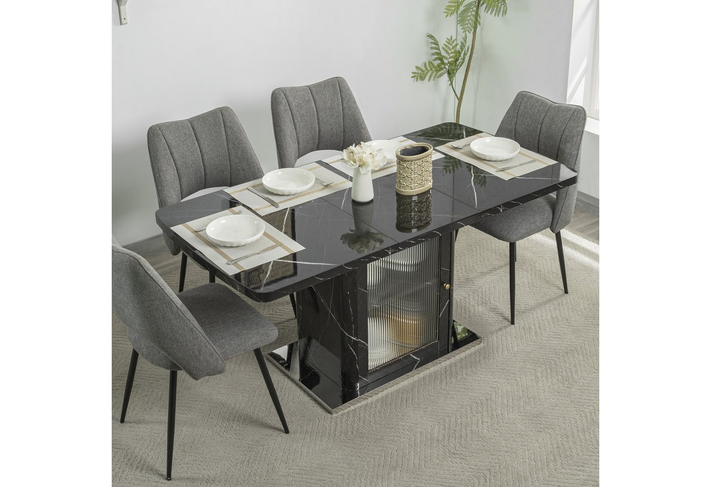 STILVORA Esstisch mit Teleskopdesign,Wohnzimmertisch Küchentisch mit Stauraumschrank (120-160 cm, Ausziehbar, Mit Marmor-Drucktischplatte), mit Storage Cabinet und Metallgestell für stabile Tischbeine von STILVORA