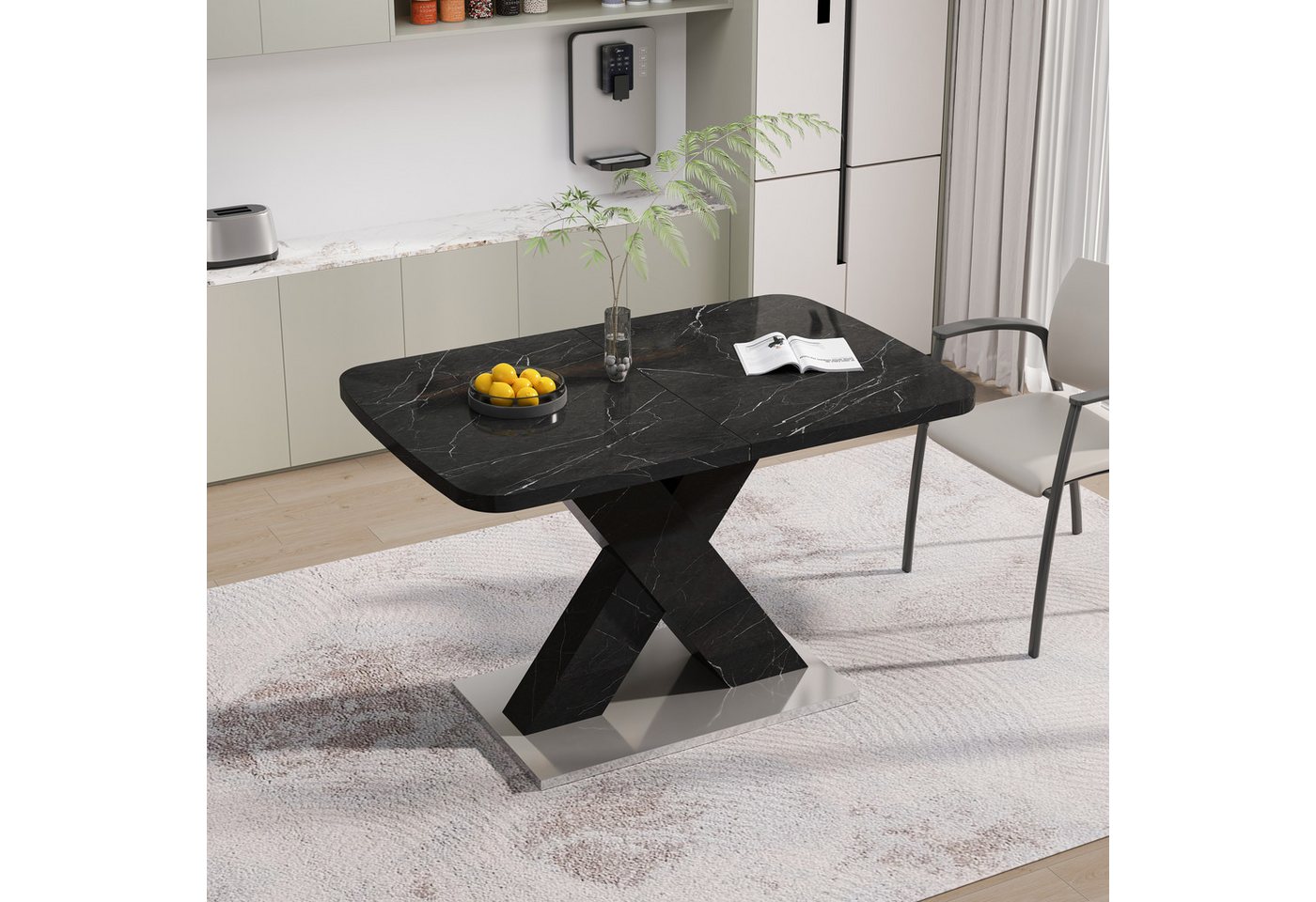 STILVORA Esstisch mit Teleskopdesign,Wohnzimmertisch Küchentisch mit X-Tischbeine (Ausziehbarer Rechteck-Wohnzimmertisch 120-160 cm), Marmor-Tischplatte mit Druck, X-förmige MDF-Tischbeine und Metallbasis von STILVORA