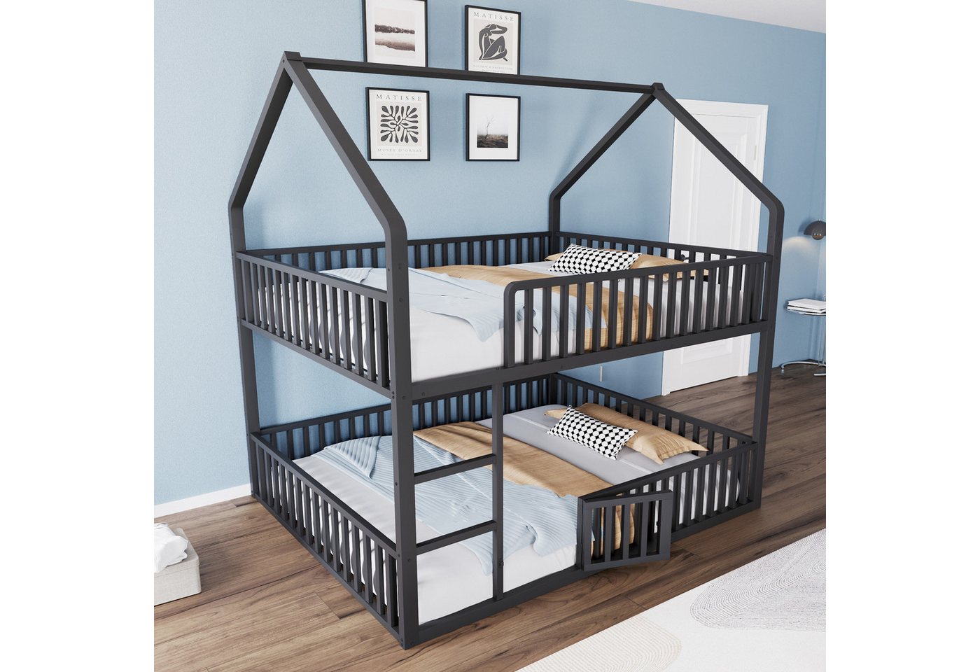 STILVORA Etagenbett 140x200 mit Zaun,Kinderbett Holzbett mit Dach&kleiner Tür,Schwarz von STILVORA