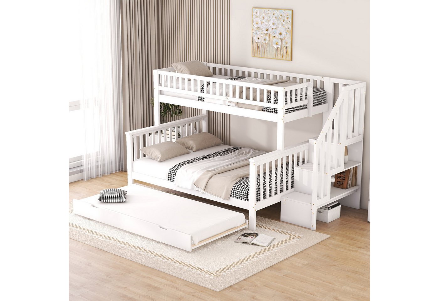 STILVORA Etagenbett 90/140x200 mit Ausziehbett,Jugendbett Holzbett mit Handläufen&Geländer (90 x 200 über 140 x 200 Etagenbett, mit Rollbett und Treppe, weiß) von STILVORA