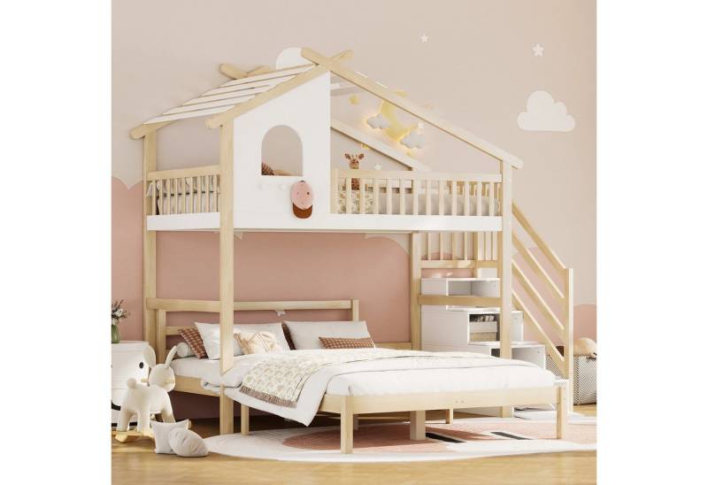 STILVORA Etagenbett 90/140×200 mit Dach,Kinderbett Holzbett mit Stauraumleiter&Bettgitter, ohne Matratze von STILVORA