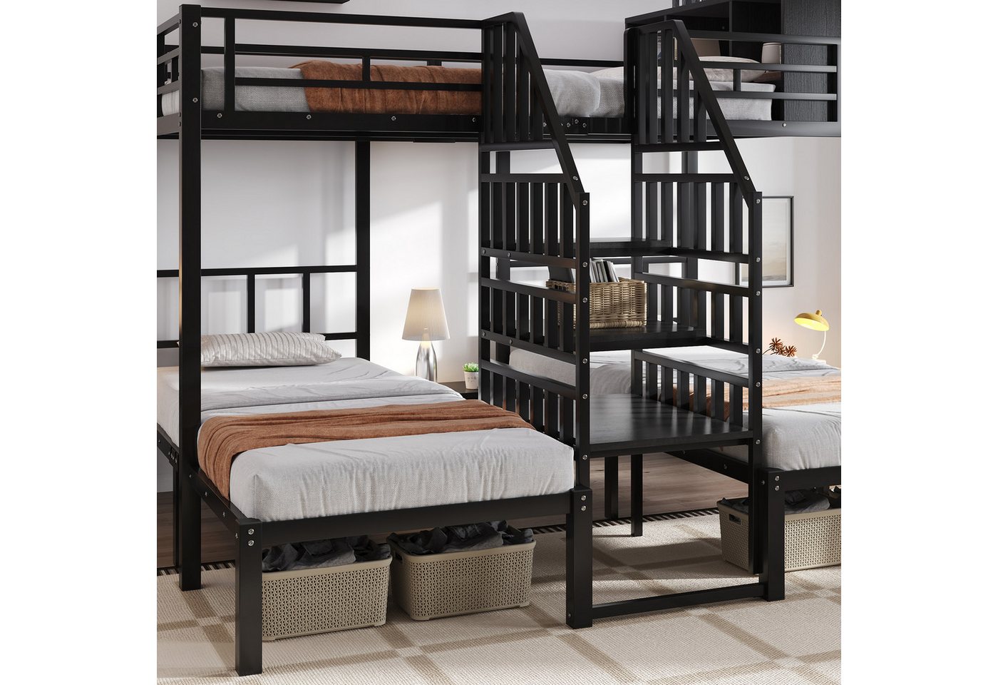 STILVORA Etagenbett 90/140x200 mit Staufach,Kinderbett Eisenbett mit Handläufen&Geländer (mit drei Schlafplätzen, Handlauf-Treppe & Stauraum oben, 90x200cm & 140x200cm), ohne Matratze von STILVORA