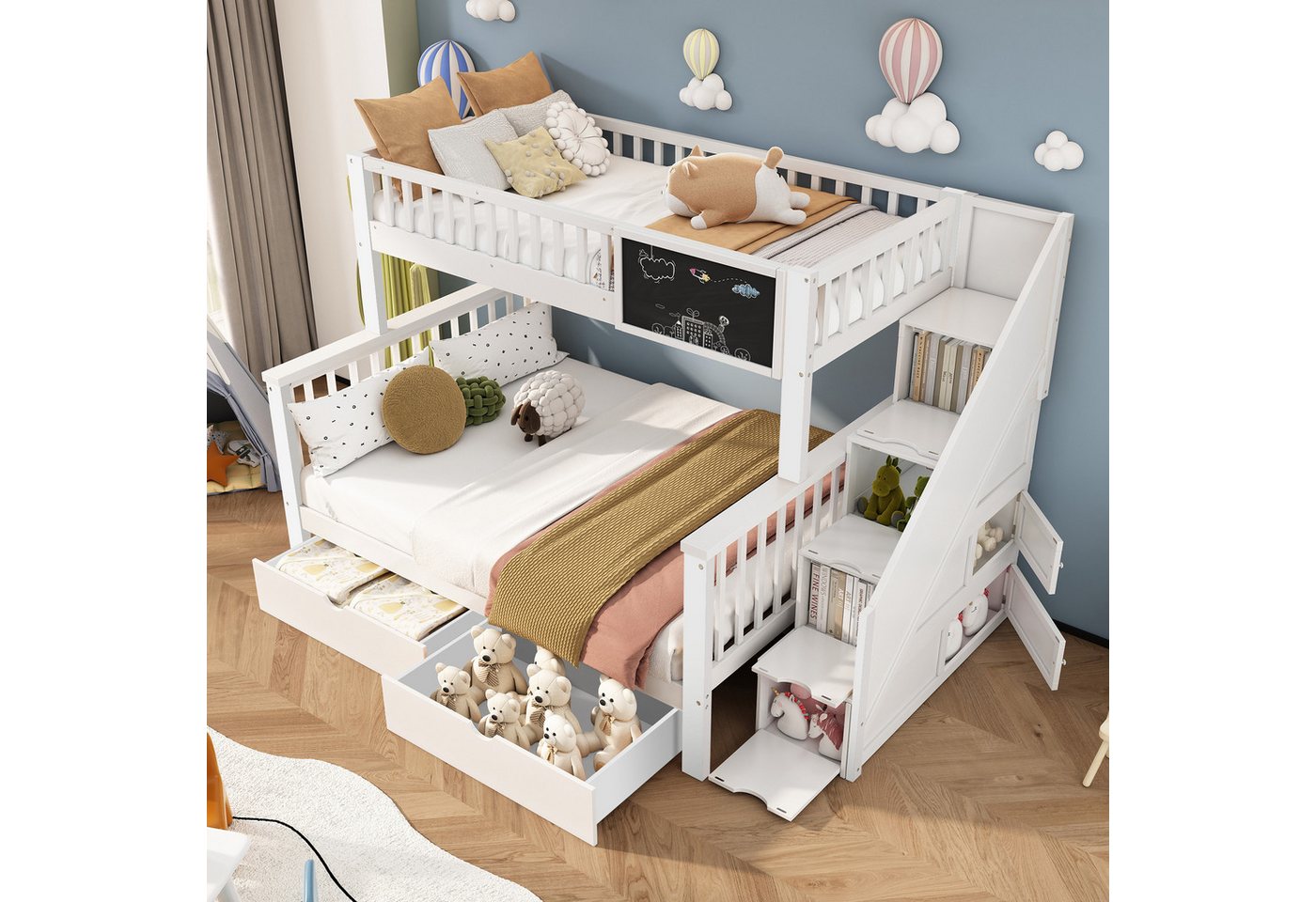 STILVORA Etagenbett 90×200+140×200 Kinderbett mit Tafel&Stauraum,Jugendbett,ohne Matratze, mit Tafel Treppe Schubladen 90x200cm+140x200cm von STILVORA