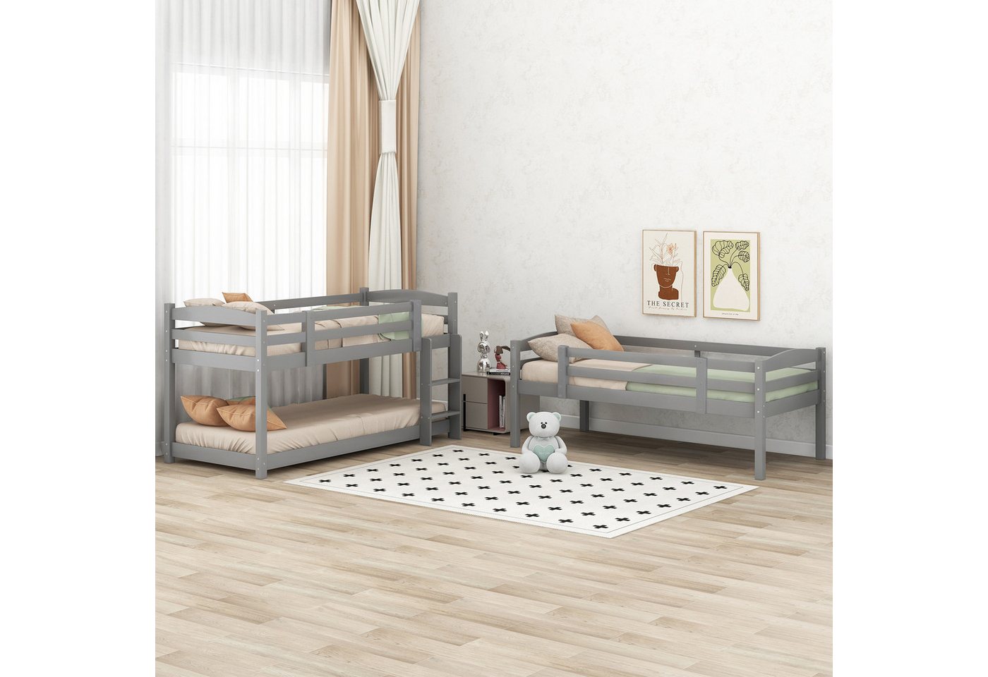STILVORA Etagenbett 90×200 Dreifach-Holzbett Abnehmbar Kinderbett ohne Matratze,grau (90*200cm), Ohne Matratze von STILVORA