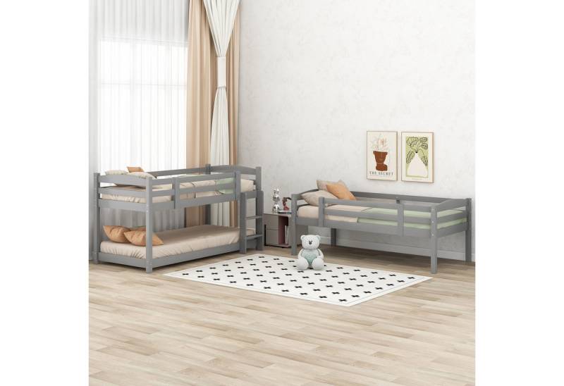 STILVORA Etagenbett 90×200 Dreifach-Holzbett Abnehmbar Kinderbett ohne Matratze,grau (90*200cm), Ohne Matratze von STILVORA