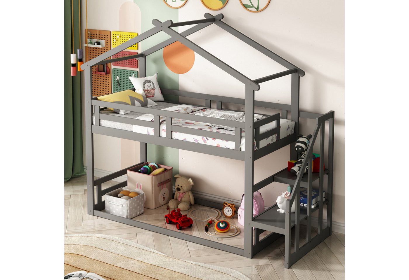 STILVORA Etagenbett 90×200 Etagenbett mit Matratze,Bettgestell mit treppe und Lattenrost (mit Sicherheitstreppe, Etagenbettgestell aus Massivholz mit Lattenrost, 90x200cm), Mit Matratze von STILVORA