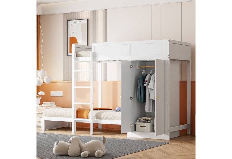 STILVORA Etagenbett 90×200 Jugendbett mit Matratze,Kinderbett mit Schrank & hohes Zaun (mit sicherer vertikaler Treppe, integriertem Kleiderschrank und hohem Zaun, 90x200cm), mit Matratze von STILVORA