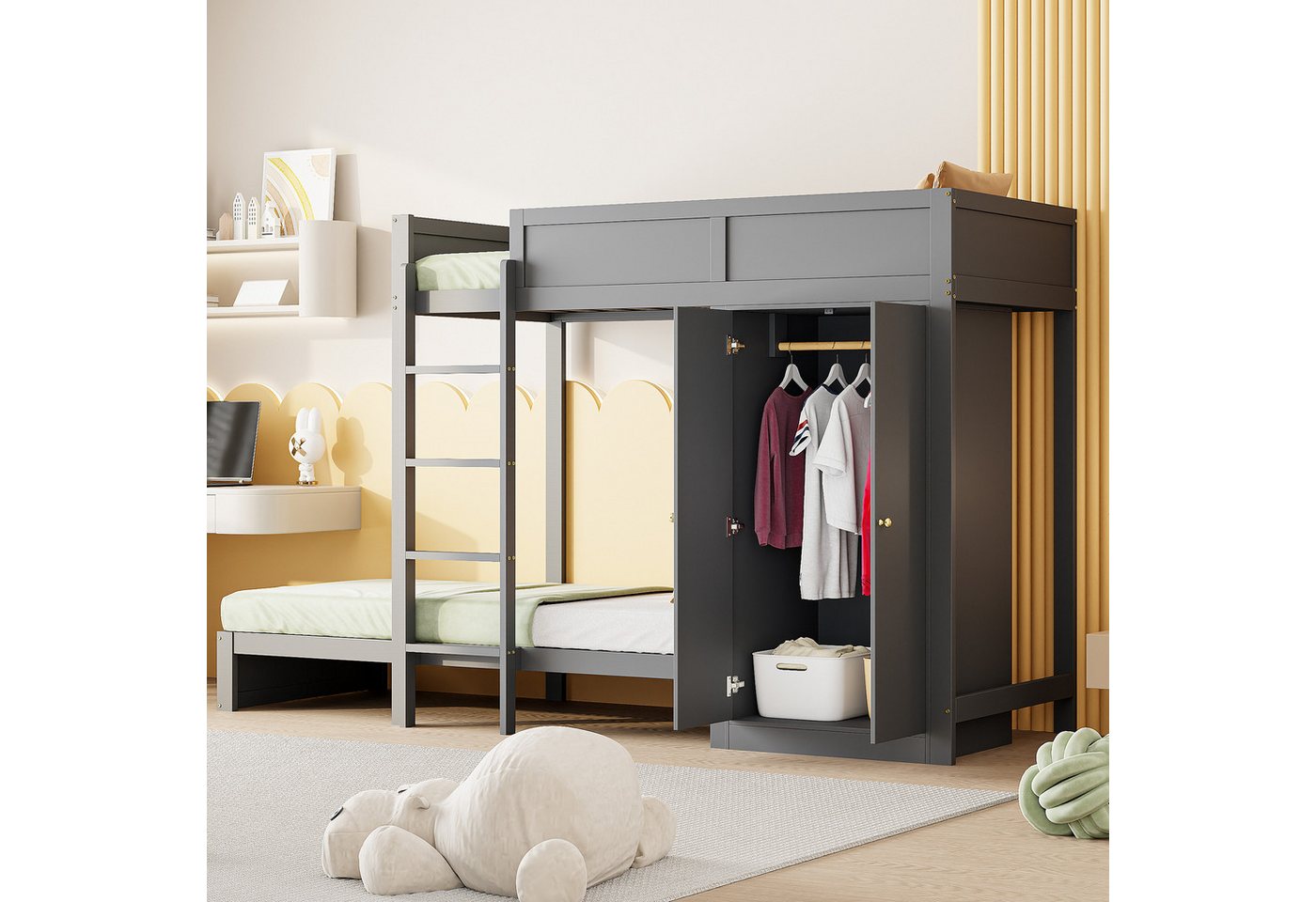 STILVORA Etagenbett 90×200 Jugendbett mit Matratze,Kinderbett mit Schrank & hohes Zaun (mit sicherer vertikaler Treppe, integriertem Kleiderschrank und hohem Zaun, 90x200cm), mit Matratze von STILVORA