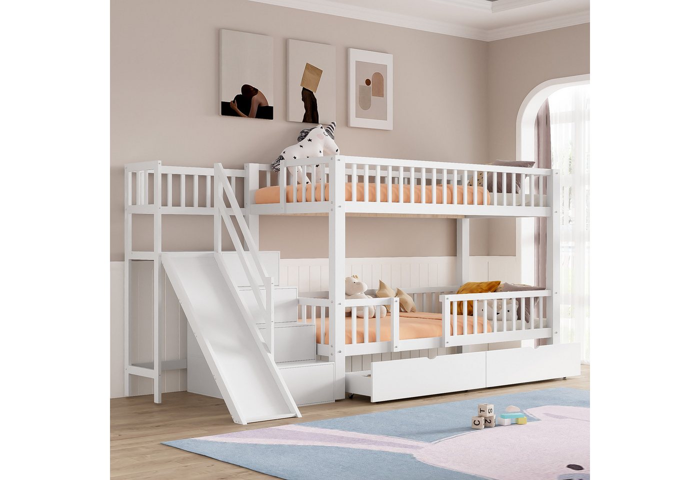 STILVORA Etagenbett 90×200 Kinderbett mit Matratze, Doppelbett mit Rutsche & Stauraum (mit 2 Schubladen,ohne Matratze), mit Rutsche und Treppen,massivholz,90*200 von STILVORA