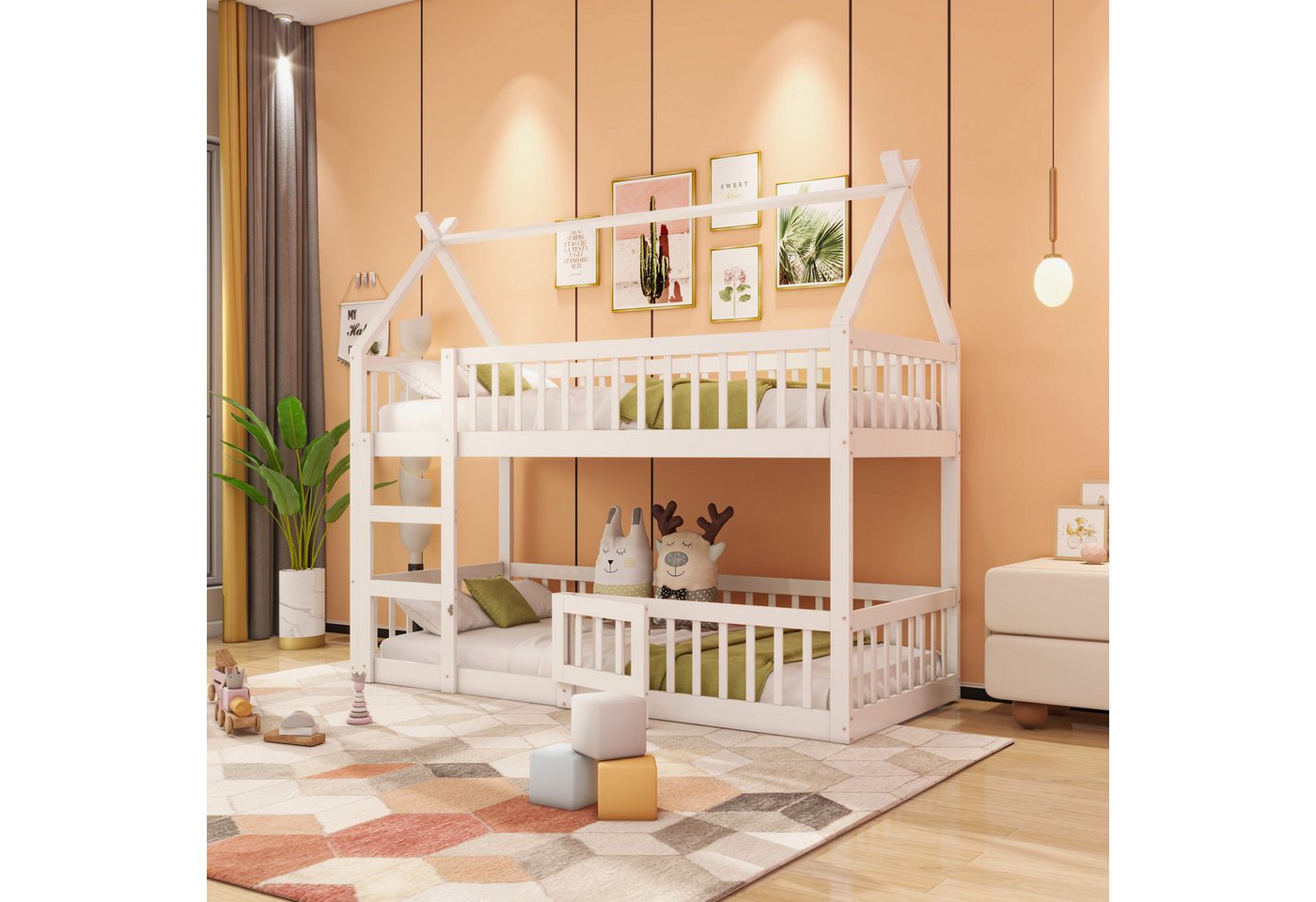 STILVORA Etagenbett 90×200 Kinderbett mit Matratze,Bettgestell mit Treppe & Schutztür (Etagenbett-Rahmen, 90x200 cm), mit Matratze von STILVORA