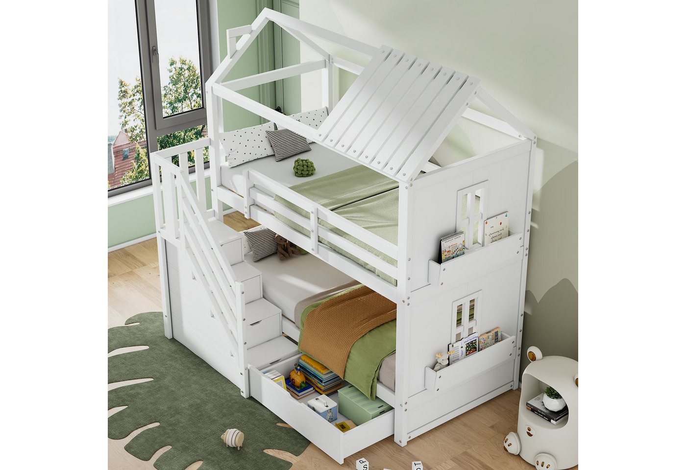 STILVORA Etagenbett 90×200 Kinderbett mit Matratze,Funktionsbett mit Stautraum & Treppen (für Kinder und Jugendliche, 1-St., 90*200cm, mit Matratze), bis zu 400lbs tragen von STILVORA
