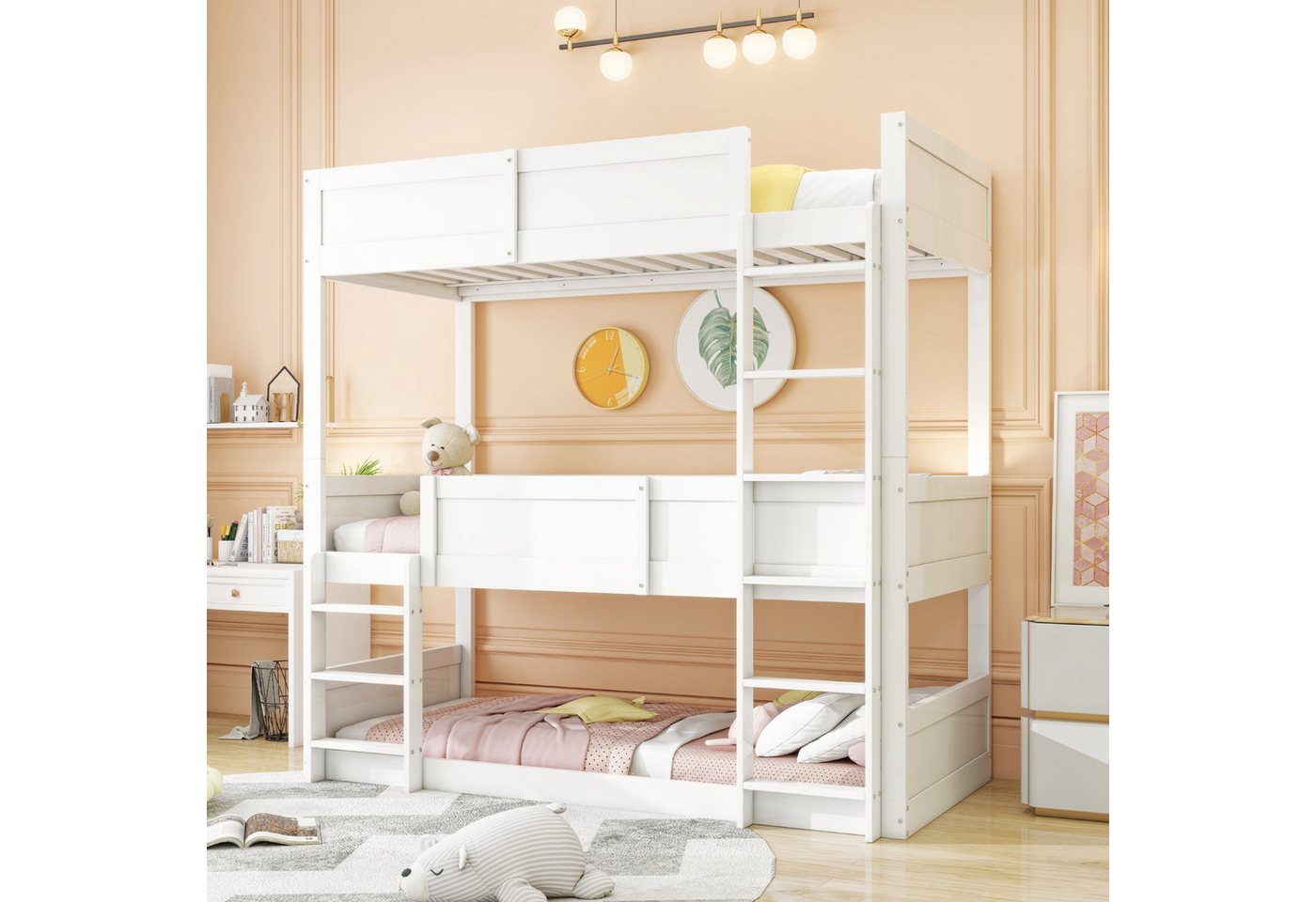 STILVORA Etagenbett 90×200 Kinderbett mit Matratze,Hochbett mit Massivholzlatten und Zaun (mit hohem Zaundesign, wandelbar in Einzel- und Etagenbett, 90 x 200 cm), mit Matratze von STILVORA