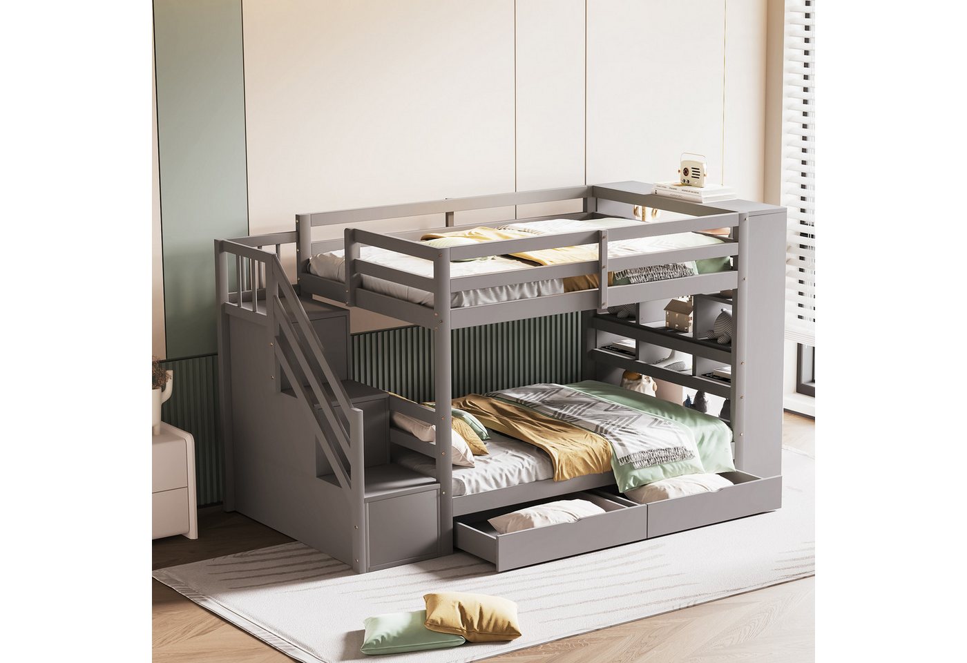 STILVORA Etagenbett 90×200 Kinderbett mit Stauraum und hohe Zaun,Bettgestell ohne Matratze (für Kinder & Jugendliche, mit Sicherheitstreppe, Stauraumschubladen & großen Schließfächern, 90x200 cm), Ohne Matratze von STILVORA