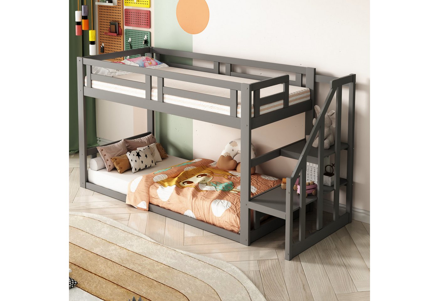 STILVORA Etagenbett 90×200 Kinderbett mit treppe und Lattenrost,Bettgestell ohne Matratze (mit Sicherheitstreppe, Etagenbettgestell aus Massivholz mit Lattenrost, 90*200cm), Mit Matratze von STILVORA