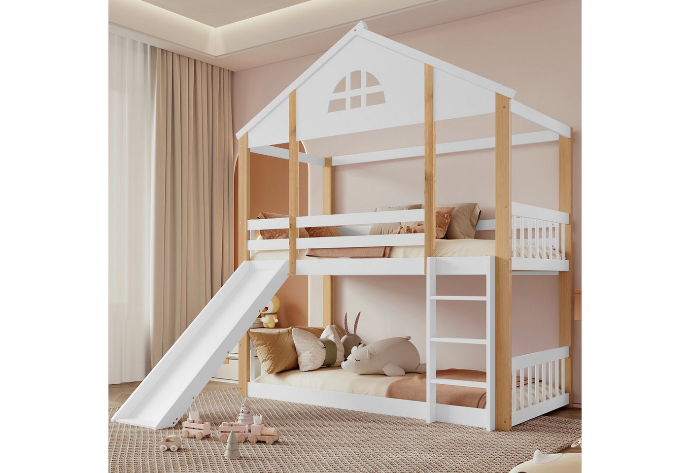 STILVORA Etagenbett 90x200 mit Leiter,Kinderbett mit Rutsche,Bettgestell mit Fenstern (90x200 aus Massivholz mit Fensterdesign & Rutsche, sicheres Spielhaus mit Treppe, Schlaf- und Spiellösung, für Jungen & Mädchen im Kinder), ohne Matratze STILVORA Etagenbett 90x200 mit Leiter,Kinderbett mit Rutsche,Bettgestell mit Fenstern (90x200 aus Massivholz mit Fensterdesign & Rutsche, sicheres Spielhaus mit Treppe, Schlaf- und Spiellösung, für Jungen & Mädchen im Kinder), ohne Matratze von STILVORA