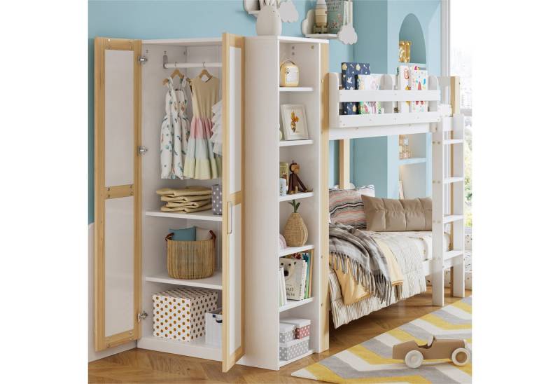 STILVORA Etagenbett 90x200 mit Matratze und Schrank,Kinderbett mit Stauraum und Fallschutz (90x200 cm mit Gitter und Kleiderschrank, Stauraumregale & 4-stufiger Leiter, mit Fallschutz für Kinderzimmer & Jugendzimmer), mit Matratze von STILVORA
